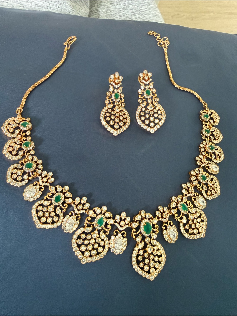 Gold-Tone Green & Clear Stone Statement Necklace and Earring Set